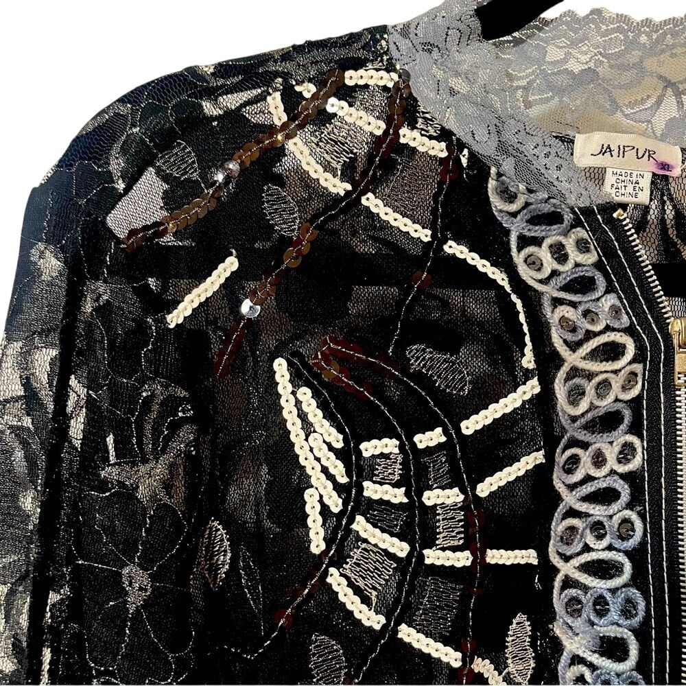 Jaipur Lace Sequined long sleeved shear XL evening black white gray jacket